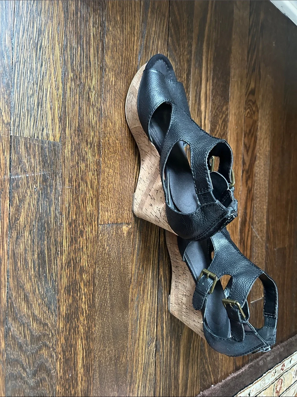 Women's Nine West Black Leather Open-Toe Wedge Sandals